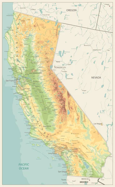 Mapa fizyczna w Kalifornii retro kolory — Wektor stockowy