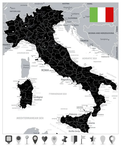 Mapa de cor preta Itália e ícones de mapa plano — Vetor de Stock