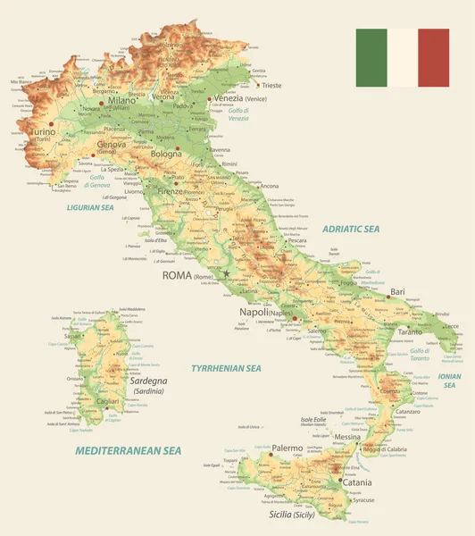 Itália Mapa Físico Cor Retro —  Vetores de Stock