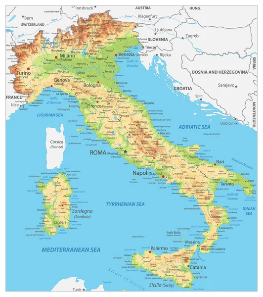 Italia Mappa fisica dettagliata — Vettoriale Stock