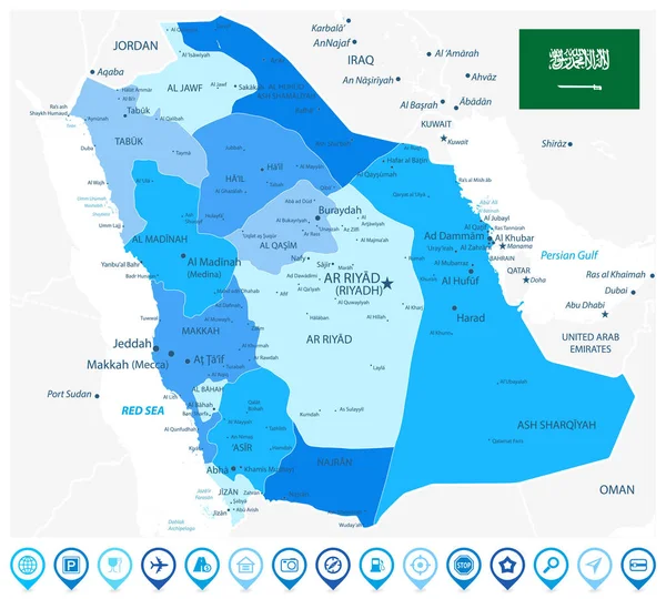 Arabia Saudita Mappa Divisioni amministrative Colori blu e blu M — Vettoriale Stock