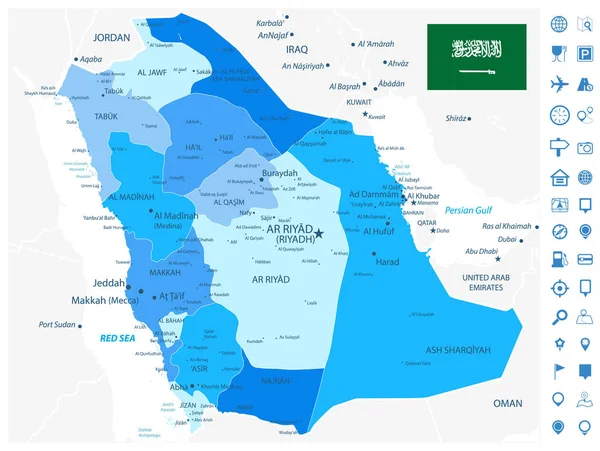 Σαουδική Αραβία Χάρτης διοικητικά τμήματα μπλε χρώματα και NAVIGA — Διανυσματικό Αρχείο