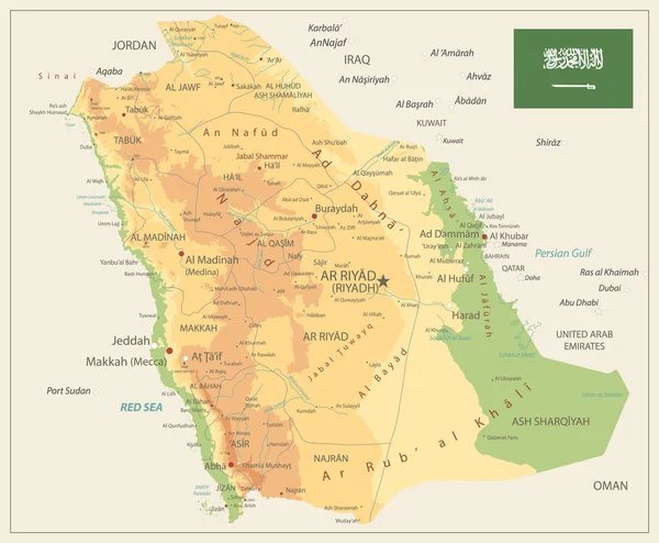 Saoedi-Arabië fysieke kaart retro kleur — Stockvector