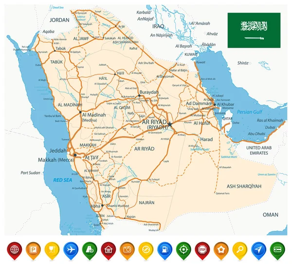 Saudi-arabien-Straßenkarte und farbige Kartensymbole — Stockvektor