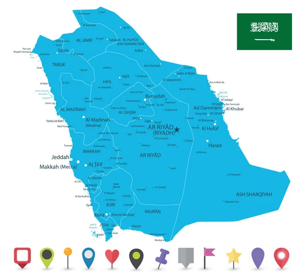 Карта Саудовской Аравии и иконы плоской карты — стоковый вектор