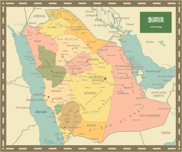 Saúdská Arábie mapa ročník barvy — Stockový vektor