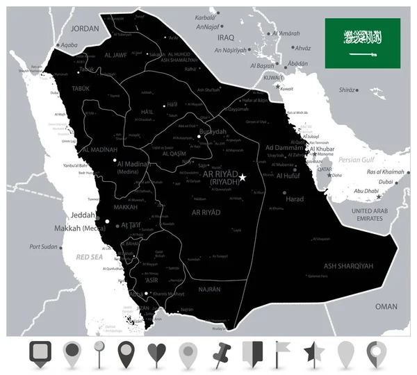 Schwarze Farbe saudi arabia map und flache Kartensymbole — Stockvektor