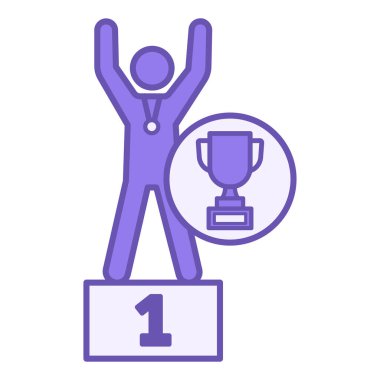 Renkli Şampiyon Simgesi. Vektör İllüstrasyonu. Madalyalı ve Kupalı Adam. Sporcu, Şampiyonluk Spor Yarışması galibi. Ödül ve Spor Konsepti