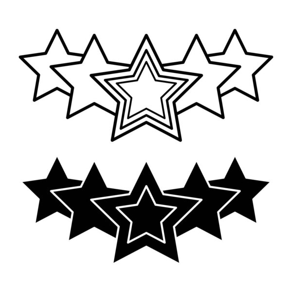 Звездные иконы. Черно-белая векторная иллюстрация. Пять звезд, рейтинг конкурса, высший балл. Вознаграждение