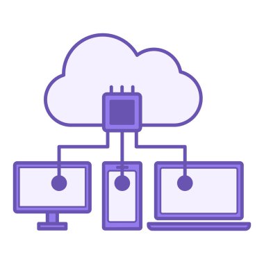 Renkli Bulut Bilgisayar Simgesi. Vektör İllüstrasyonu. Bilgisayar, dizüstü bilgisayar, Bulut Veritabanı ile telefon bağlantısı. İnternet üzerinden Hesaplama Kaynakları sağlanıyor. Bilgi Teknolojisi Konsepti