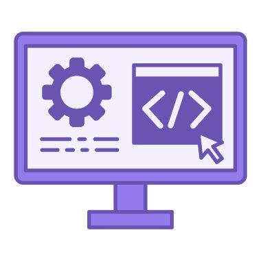Renkli Yazılım Geliştirme Simgesi. Vektör İllüstrasyonu. Bilgisayar, Gear, Fare İmleci ve Web Sayfası. Bilgisayar Programları ve Uygulamaları Oluşturma. Bilgi Teknolojisi Konsepti