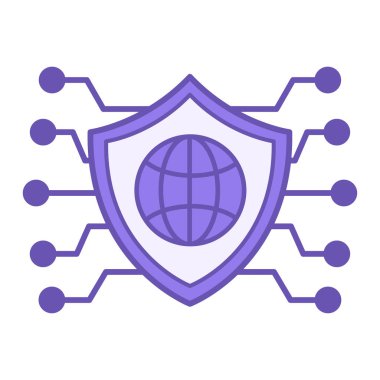 Renkli Ağ Güvenlik Simgesi. Vektör İllüstrasyonu. Kalkan ve Dünya gezegeni. Bilgisayar Ağlarını ve Verileri Yetkisiz Erişim, Hırsızlık, Hasar ve Yetkisiz Kullanımdan Koru. Bilgi Teknolojisi Konsepti