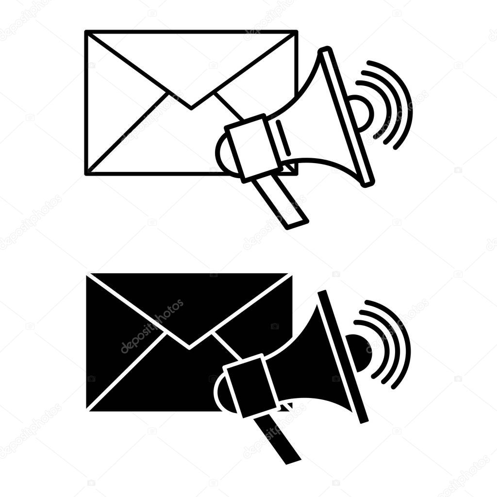 Email Marketing Icons. Black and White Vector Illustrations. Mailing Envelope and Megaphone. Email Marketing. Digital Marketing Concept