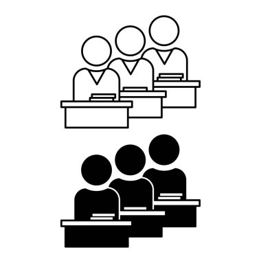 Sınıf Simgeleri. Siyah ve Beyaz Vektör Resimleri. Kitaplarla Masa başında oturan öğrenciler. Ders Veren Bir Okul Çocukları Grubu. Kavram Öğretmeni