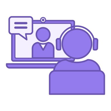 Colored Online Teaching Icon. Vector Illustration. Person with Headphones Sitting on a Chair and Listening to an Online Lecture. Laptop, Lecturer, Trainer, Student, Lesson. Teacher Concept