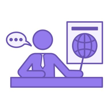 Renkli Öğret Simgesi. Vektör İllüstrasyonu. Kravatlı bir öğretmen coğrafya dersi veriyor. Bir İnsan Konuşmaları, bir Dünya Haritası, bir Küre ve bir Okul İşaretçisi. Öğretmen ve Eğitim Konsepti