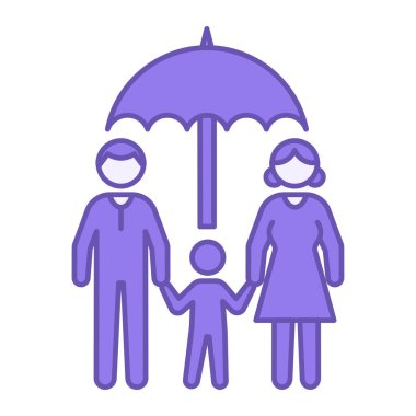 Renkli Aile Sigortası Simgesi. Vektör İllüstrasyonu. Baba, Anne ve Çocuk Büyük Şemsiye Altında. Aile Mali Koruma. İnsanları Kabul Et