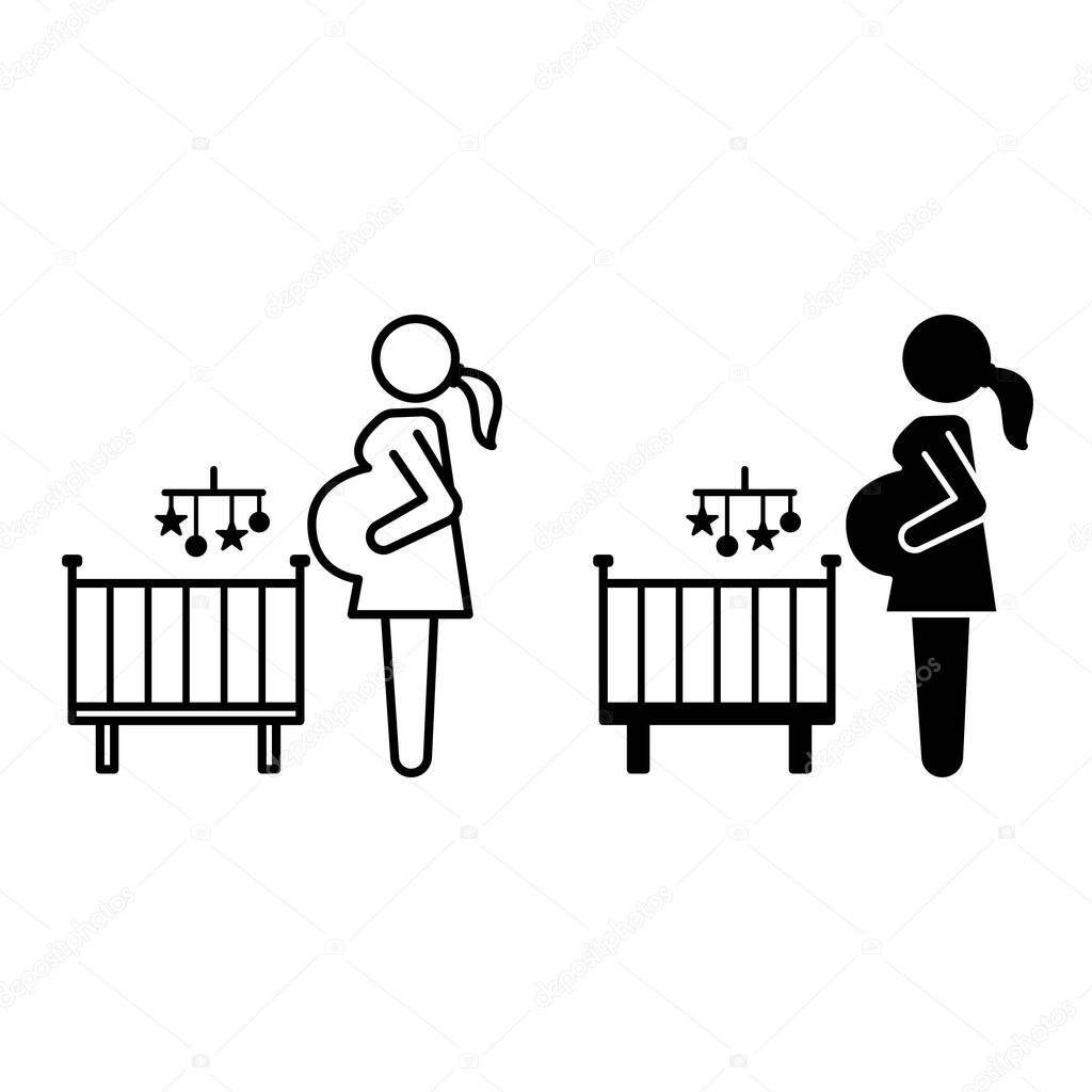 Pregnant Woman Icons. Black and White Vector Illustrations. Woman with a Big Belly, Baby Crib, and Toys. Expecting a Baby. Family Concept