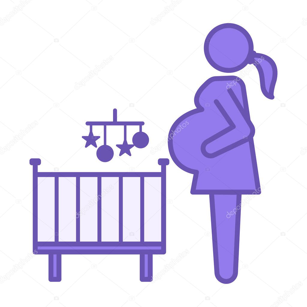 Colored Pregnant Woman Icon. Vector Illustration. Woman with a Big Belly, Baby Crib, and Toys. Expecting a Baby. Family Concept