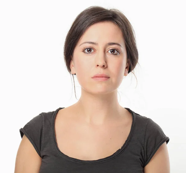 Jeune Femme Portant Shirt Isolé Sur Blanc — Photo