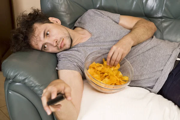 Man Relax Work Beer Chips Lazy Man — Stock Photo, Image