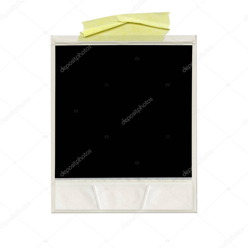 Blank polaroid photo. Isolated vintage frame with yellow tape
