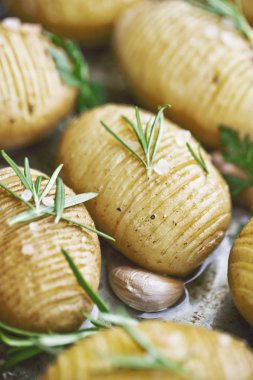 Rustik Hasselback Patates otlar, sarımsak ve tuz, Vejetaryen kaliteli gıda ile