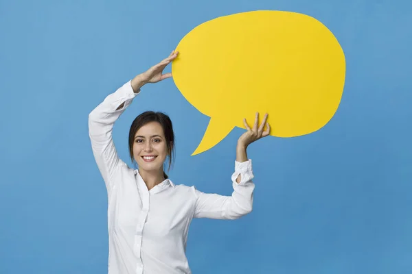 Happy Brunette Woman Elegant White Shirt Yellow Speech Bubble Blue — Stok Foto