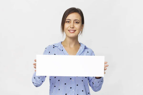 Happy Brunette Woman Elegant Blue Shirt Showing White Banner Isolated — Stock Photo, Image