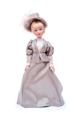 Vintage gri elbiseli güzel porselen bebek: uzun etek ve ceket ve şapka, üzerinde ayrı tut beyaz arka plan
