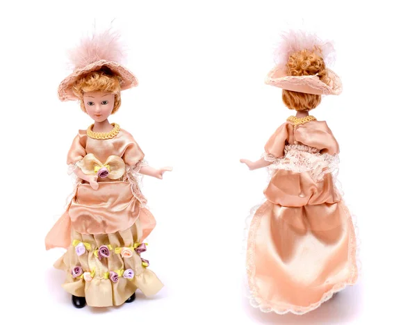 Beautiful Porcelain Doll Red Curly Hair Hairstyle Beige Dress Bows — Stock Photo, Image