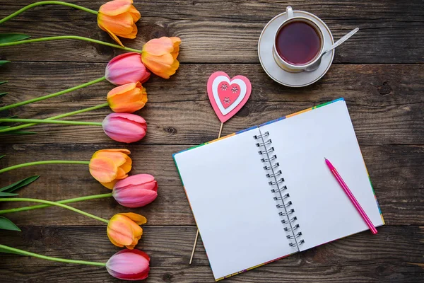 Beautiful Romantic Layout Tulips Notepad Cup Tea Heart Rustic Wooden — Stock Photo, Image