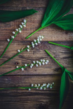 Beyaz lilyum vadi ve rustik ahşap yüzey üzerinde yeşil yaprakları dalları ile dikey resim