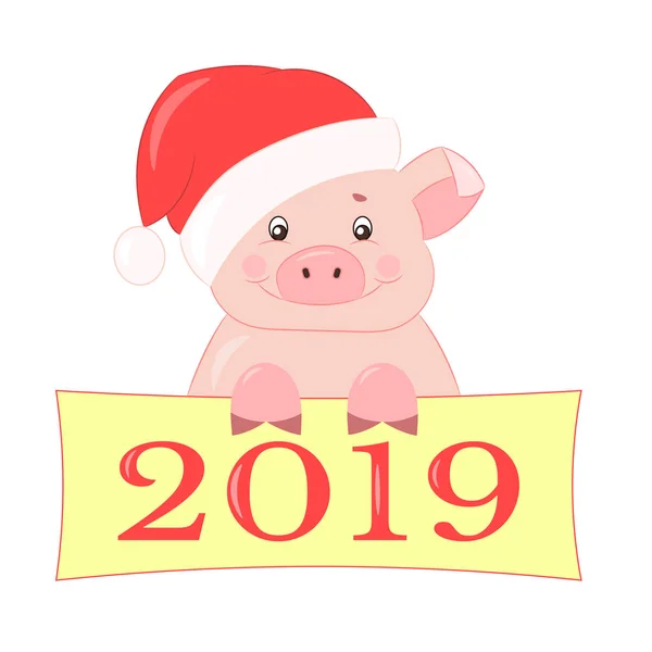 Vettore Rosa Carino Piggy Nel Cappello Rosso Del Nuovo Anno — Vettoriale Stock