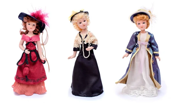 Set Three Dolls Vintage Dresses Hats Isolate White Background — Stock Photo, Image