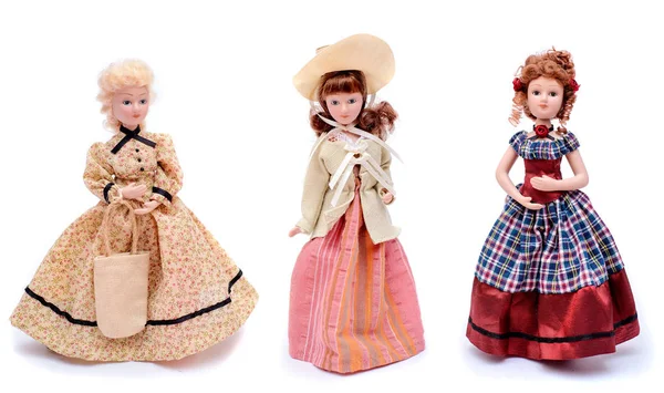 Set Three Dolls Vintage Dresses Hats Isolate White Background — Stock Photo, Image