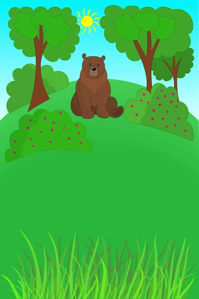 Vertikální Pohlednice Medvěd Hnědý Lese Křoví Malinami Mezerou Kopie — Stockový vektor