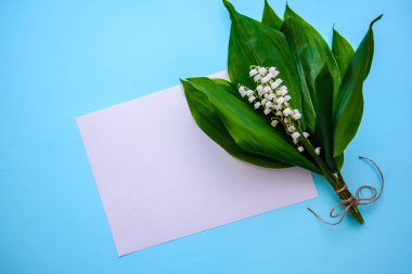 Güzel Beyaz Zambaklar vadi yeşil yaprakları ve beyaz kağıt mavi arka plan, üstten görünüm üzerinde yazmak için bir buket