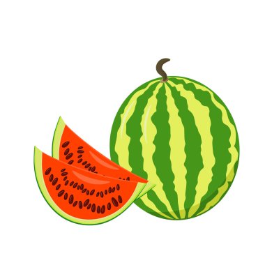 Bütün karpuz ve iki kırmızı sulu tatlı dilimleri, beyaz arka plan üzerinde ayrı tut vektör yeşil çizgili