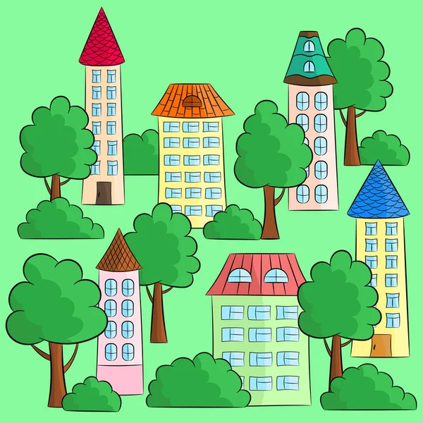 Uzun Boylu Evleri Taret Renkli Çatı Ağaçlar Çalılar Yeşil Bir — Stok Vektör