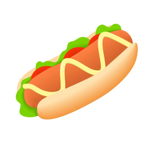 Vector Hot Dog Con Tomates Ensalada Mostaza Aislado Sobre Fondo — Archivo Imágenes Vectoriales