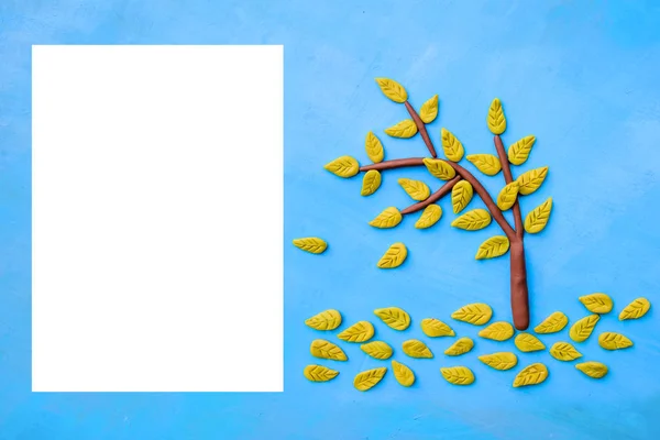 Plasticine Yellow Autumn Tree White Sheet Paper Bright Blue Background — Stock Photo, Image