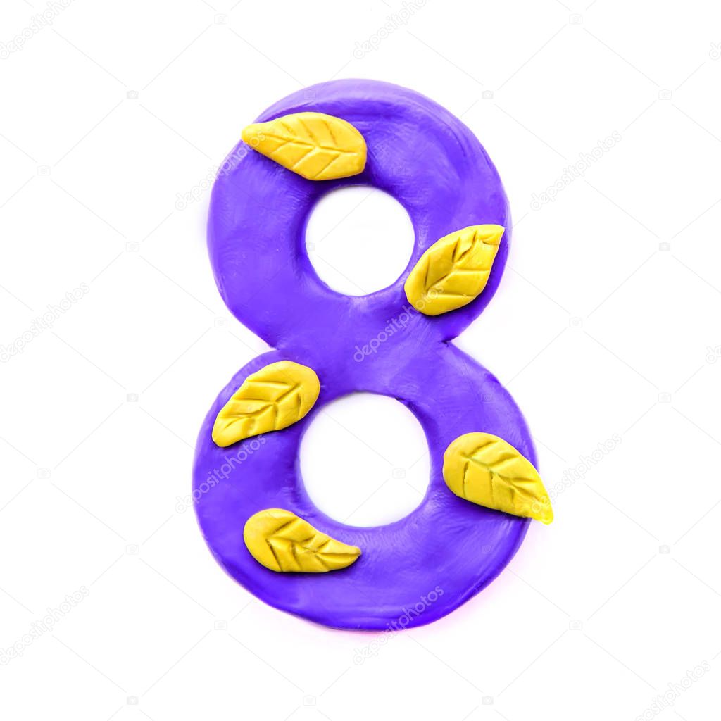 Plasticine purple number 8 with yellow autumn leaves, isolate on white background