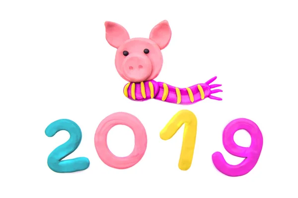 Numéro Plasticine Multicolore Nouvel 2019 Avec Symbole Année Cochon Rose — Photo