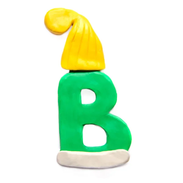 Green Plasticine Letter English Alphabet Winter Yellow Cap White Background — Stock Photo, Image