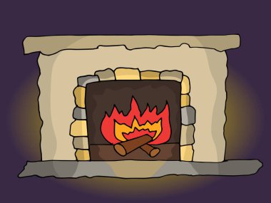 Bir peri masalı ile karanlık bir odada yanan ateşin üzerinden vektör eski şömine