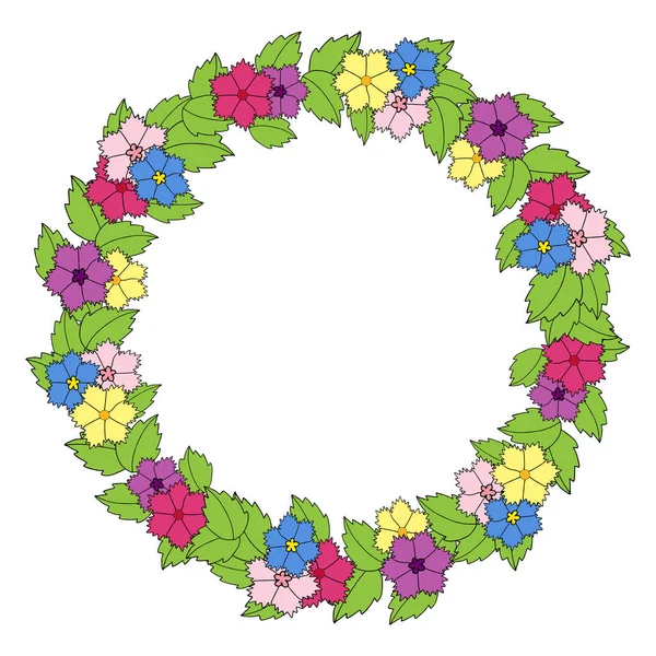 Belle Couronne Ronde Fleurs Feuilles Lumineuses Colorées Faites Dans Style — Image vectorielle