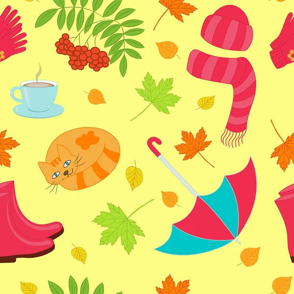 Vector seamless background on autumn theme: umbrella, leaves, tea, cat, hat with scarf, rubber boots, gloves on yellow background