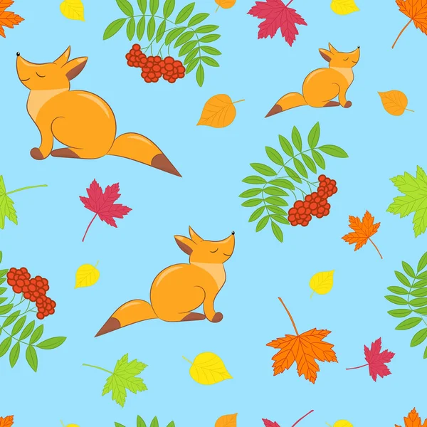 Vektor Nahtlosen Herbst Thema Hintergrund Mit Fuchs Eberesche Gelben Roten — Stockvektor