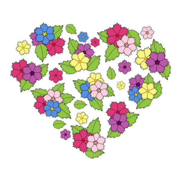 Hermoso Corazón Vector Flores Brillantes Multicolores Con Hojas Verdes Estilo — Vector de stock
